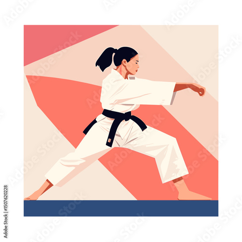 Confident Female Martial Artist in Stance with Bold Abstract Background