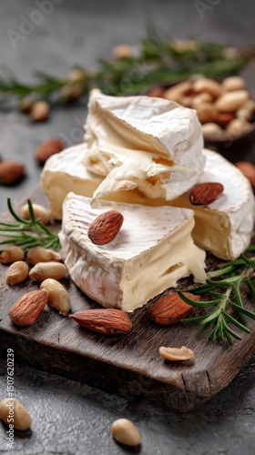 Gourmet Cheese Platter With Nuts and Herbs Displayed on Rustic Wooden Board i...
