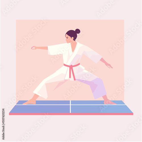 Confident Female Martial Artist in Stance with Bold Abstract Background