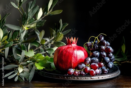 Fresh Pomegranate and Grapes Arranged on a Decorative Platter With Olive Bran...