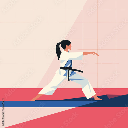 Woman in Karate Uniform: A woman in karate uniform demonstrating a martial arts move, with a black belt emphasizing her expertise in a clean illustration style.