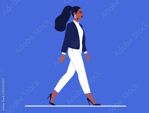 Confident stride: A stylish businesswoman with long dark hair strides confidently in white pantsuit and high heels against a deep blue background.