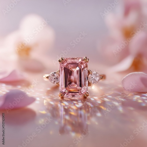 Elegant Pink Gemstone Ring Surrounded by Delicate Flower Petals on a Soft Pas...