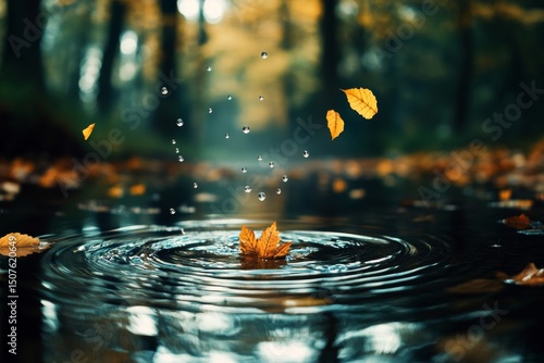 Golden Autumn Leaves Fall Into a Serene Forest Pond Creating Ripples of Water...