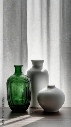 Elegant Display of Glass and Ceramic Vases on a Table Near Window With Soft N...
