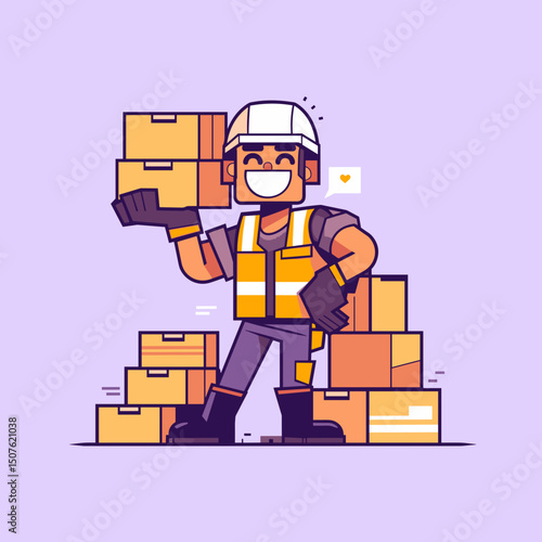 Efficiency in Motion: A cheerful construction worker with a safety vest confidently manages a stack of boxes, symbolizing productivity and reliability.