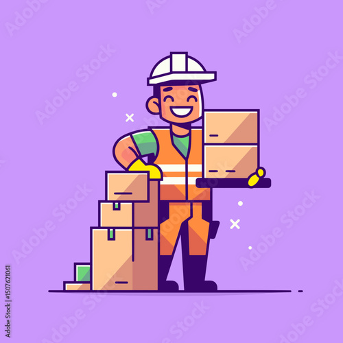 Happy Delivery Worker: A cheerful worker in safety gear proudly presents packages, symbolizing reliable delivery and customer satisfaction.
