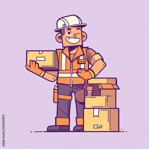 Delivery Man: A smiling delivery worker holding a cardboard box, he represents the safe passage of goods. Capturing efficiency and reliability.