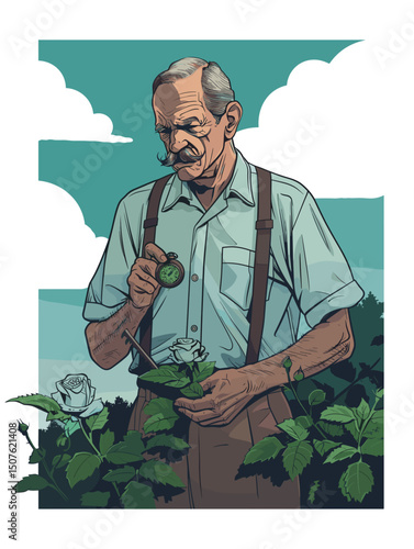 The Watchful Gardener: A close-up shot of a distinguished man tending to a rose bush. His discerning eye, focused on the beauty within, evokes the patience and dedication.