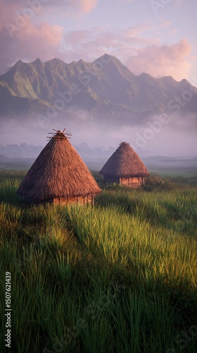 Rustic Huts Surrounded by Lush Fields and Mountains at Dawn in a Tranquil Rur...