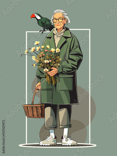 A timeless Moment of Botanical Elegance: A serene, elderly woman with her gentle gaze, holds a beautiful bouquet and a basket, accompanied by a vibrant avian companion.