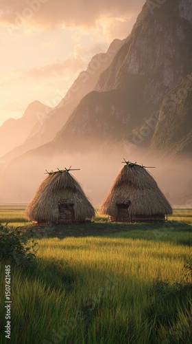 Rural Huts Surrounded by Green Fields and Majestic Mountains at Sunset