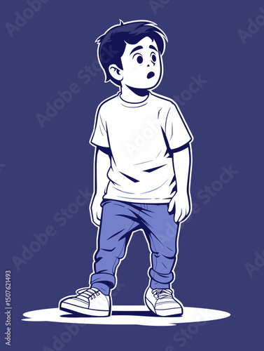 Boy's Wonder: A young boy stands in contemplative pose, his wide eyes capturing a sense of innocent wonder and curiosity, rendered in a unique illustrative style.