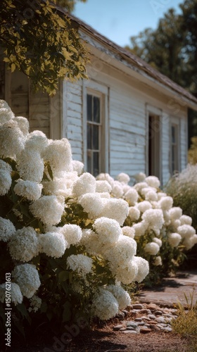 Charming White Hydrangeas Line the Path to a Quaint Cottage in a Serene Garde...