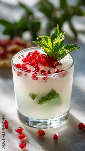 Refreshing Mint and Pomegranate Drink Served in a Glass With Crispy Snacks on...