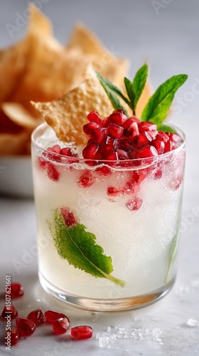 Refreshing Pomegranate Cocktail Garnished With Mint and Served With Crispy Chips