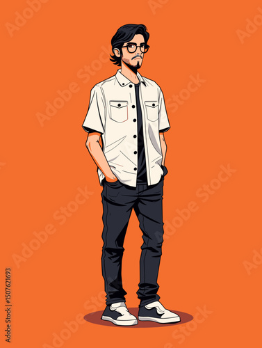 Stylish Man Illustration: A stylish man with dark hair and glasses, dressed in a casual outfit, stands confidently against an orange background. The illustration is done in a graphic novel style.