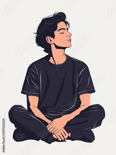 Peaceful Serenity: A young man sits cross-legged in quiet contemplation, eyes closed in blissful meditation and clad in casual attire, in clean illustration.