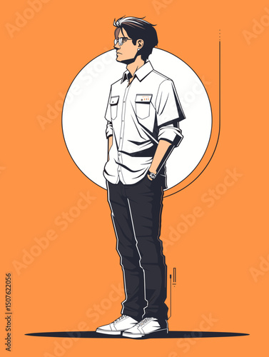 Illustration of a Thoughtful Individual: A stylized illustration presents a contemplative person, smartly dressed, against a modern backdrop of an orange background.