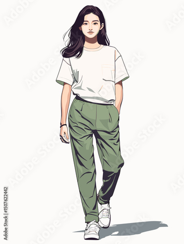 Stylish Everyday: A beautifully illustrated young woman strides confidently in modern attire, exuding a blend of simplicity and trendiness. Embodying effortless style and contemporary fashion.