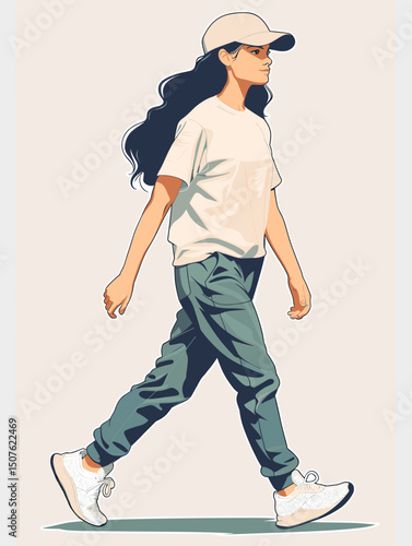 Casual Stroll: A stylish young woman with long dark hair, wearing a beige cap, cream t-shirt, and teal joggers, strolls confidently, radiating a relaxed and carefree attitude.