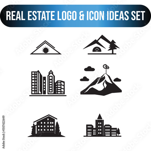 real estate logos 6 set white and black flat vector on white background