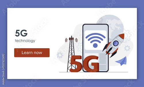 5g technology landing page. Tower near smartphone and rocket. Wireless internet connection. Modern technologies and innovations. Poster or banner for website. Flat vector illustration
