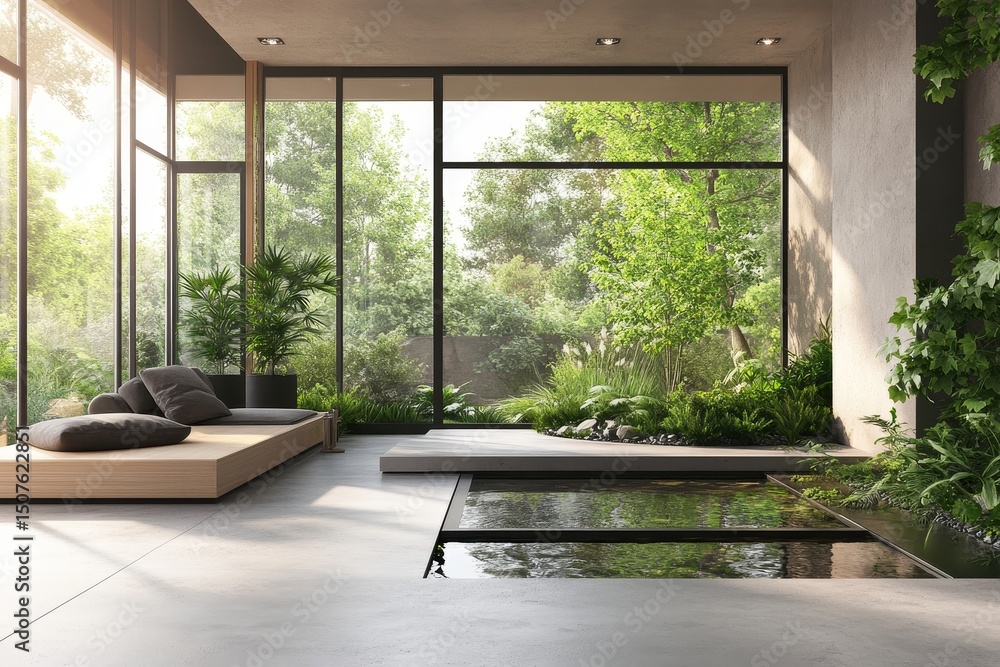 Fototapeta premium Modern minimalist living room with indoor garden and natural light