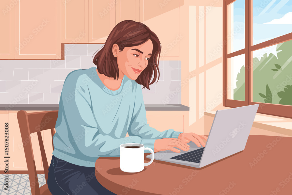 A cheerful illustration of a woman working on a laptop A cheerful illustration of a woman working on a laptop