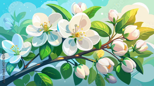 Delicate White Apple Blossoms Glisten in Soft Light, Capturing the Essence of Springtime Beauty with Fresh Green Leaves Against a Dreamy Background