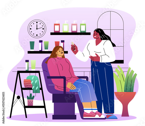 Woman on cosmetic procedures. Cosmetologist with client in SPA. Dermatology and cosmetology. Rest and relaxation, wellbeing. Skin and face care, beauty treatment. Flat vector illustration