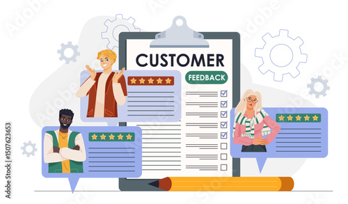 Customer feedback concept. Young girl reading clients reviews at computer screen. Ranking and rating on internet. Online marketing. Users opinion. Flat vector illustration