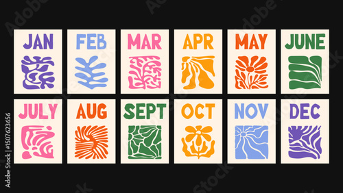 Botanical vector calendar design with retro groovy patterns, floral Matisse-inspired cutouts, abstract natural elements, creative wall art templates, and printable poster layouts