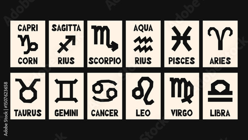 Artistic zodiac calendar with symbolic astrological elements, vibrant naive shapes, floral accents and flat textured backgrounds — vector design for horoscope lovers.