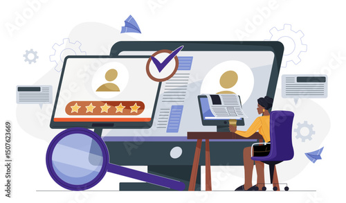 Woman read customer feedback. Young girl reading clients reviews at computer screen. Ranking and rating on internet. Online marketing. Flat vector illustration