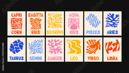 Decorative zodiac calendar layout with vibrant floral background, simple zodiac icons, hand-drawn naive art elements and modern abstract aesthetics.