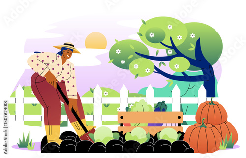 Woman digs up garden beds. Farmer works in garden, plants plants and vegetables. Farming and agriculture, horticulture and cultivation. Gardener with pumpkins. Flat vector illustration