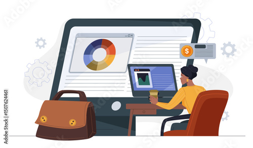 Woman with investment portfolio online. Woman at computer analyzes graphs and charts. Financial literacy and passive income. Successful investor and trader. Flat vector illustration
