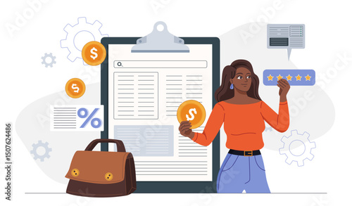 Woman with investment portfolio. Businesswoman with cash and briefcase. Financial literacy and passive income. Successful investor and trader. Flat vector illustration