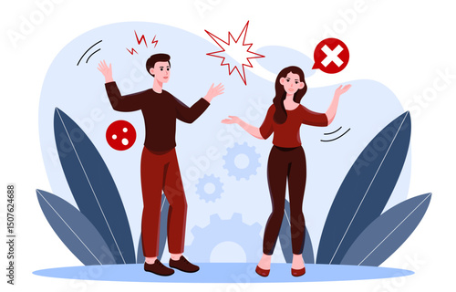 People misunderstand each other. Man and woman have communication difficulties. Conflict and scandal, miscommunication. Bad relationships in team. Flat vector illustration