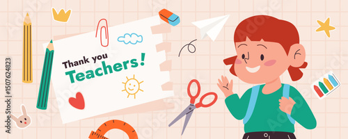 Teachers Day Greeting Web Banner with Cartoon Girl