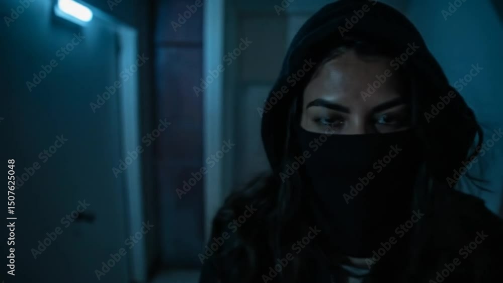 Intriguing woman in hoodie and mask stares intently in dimly lit hallway setting Intriguing woman in hoodie and mask stares intently in dimly lit hallway setting