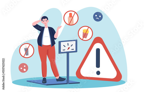 Overweight man problem. Fatty young guy on scales. Person suffer from obesity, high cholesterol and diabetes. Unhealthy living and bad diet. Flat vector illustration