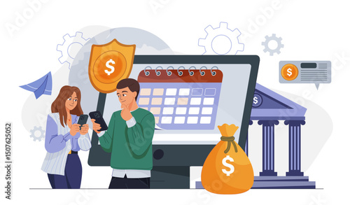 Parental allowance in bank. Man and woman near money and computer with calendar. Financial literacy and expense control. Family budget management. Flat vector illustration