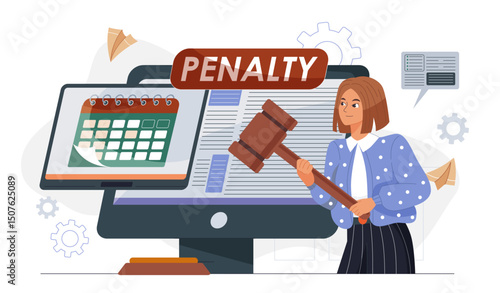 Woman with penalty. Young girl with judge gavel near computer with calendar. Financial punishment for illegal activity. Businesswoman with loan debt. Flat vector illustration