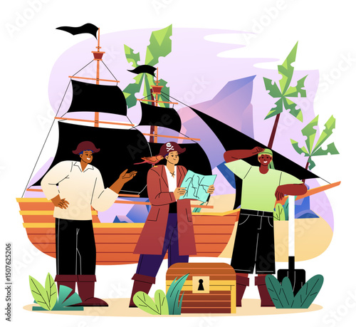 Pirates looking for treasure. Men with chest with golden coins. Travel and adventure, journey. Team of corsairs and buccaneers, filibusters. Flat vector illustration