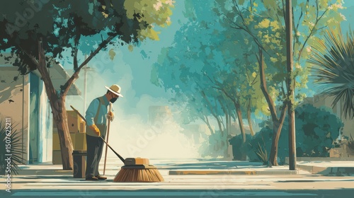 Elderly caucasian male sweeping in sunlit street with trees and buildings