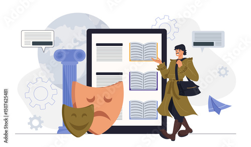 Screenwriter man concept. Young guy near scenario and comedy masks. Creativity and art. Talented author writes script for theatrical performance. Flat vector illustration