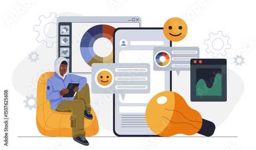 Social media account design. Man with tablet create design elements for mobile app. Graphic designer and programmer develop interface for social networks. Flat vector illustration