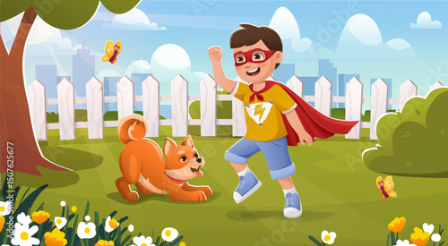 Superhero kid with dog. Boy in cape with puppy playing outdoors. Kid spending time together with domestic animal. Leisure and rest in backyard. Flat vector illustration